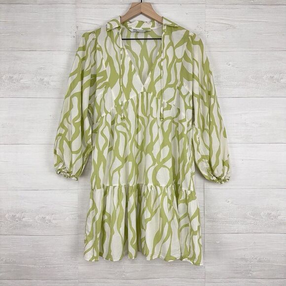 Zara Dresses & Skirts - Zara Printed Babydoll Dress S Green Balloon Sleeves Tiered Mini V Neck Tie Fall